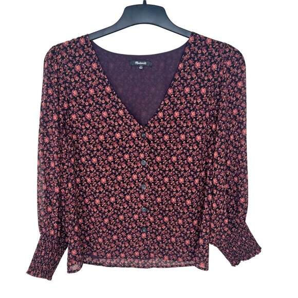 Madewell Orchard Floral Georgette Smocked-Cuff Button-Up Blouse Button-Front 12 - Picture 2 of 13